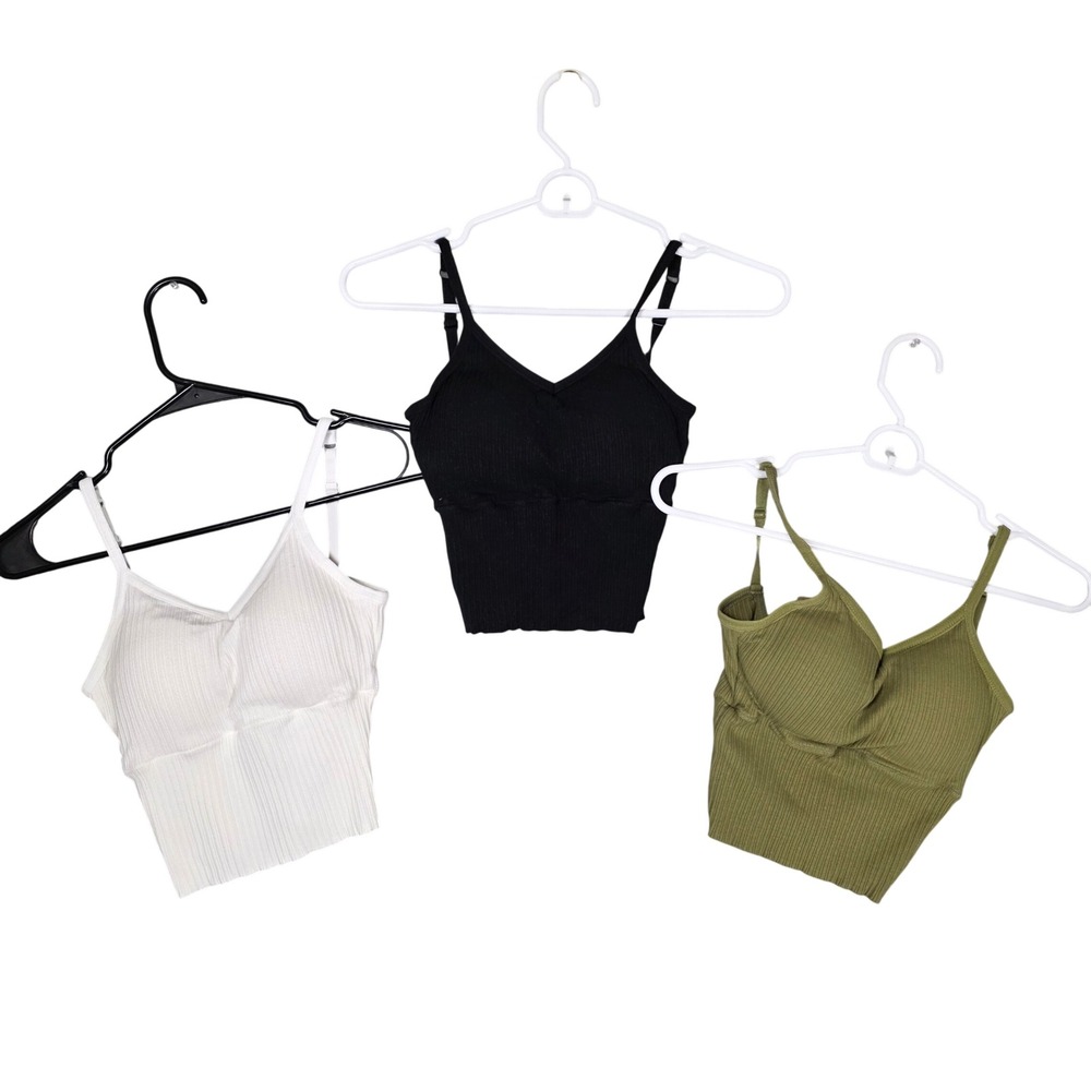 Ribbed Spaghetti Strap Bralette Tops 3 Pack Women L Black White Green GOOD Basic